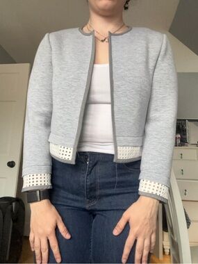 Grey Tahari Open-Front Cropped Jacket